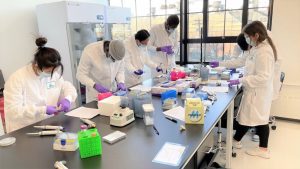 MCNDHS BioBuilderClub team hard at work on their experiment in the lab